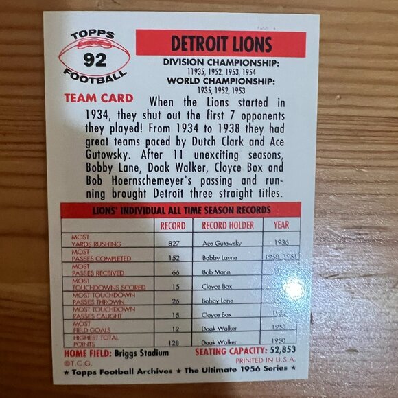 1956 Topps #92 Detroit Lions Team Card - Picture 2 of 2